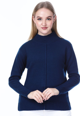NOQUO Self Design Mandarin Neck Casual Women Dark Blue Sweater