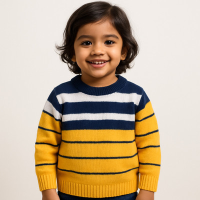 VK Fashion Striped Round Neck Casual Boys & Girls Yellow Sweater