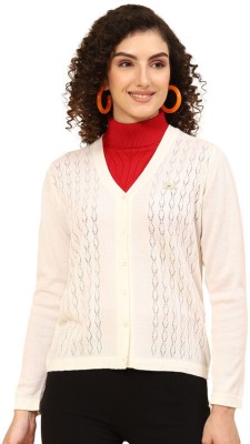 MONTE CARLO Self Design V Neck Casual Women White Sweater