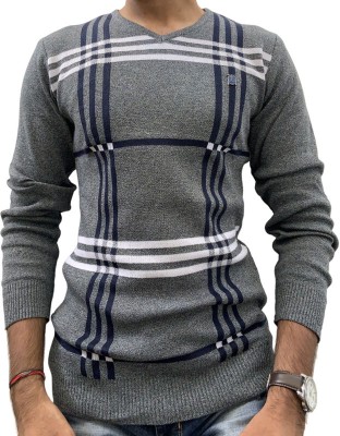 FORWARDS Checkered V Neck Casual Men Grey Sweater