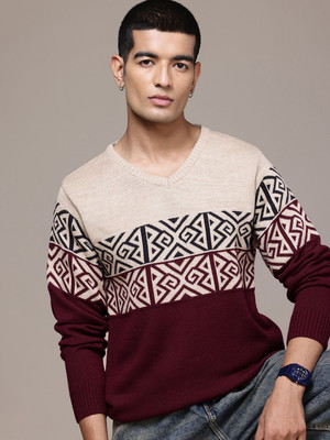 Roadster Self Design V Neck Casual Men Multicolor Sweater