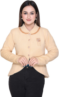 FASHSTORE Self Design V Neck Casual Women Gold Sweater