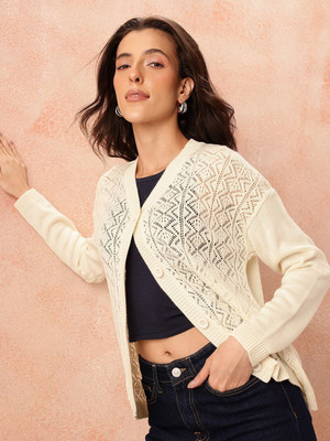 all about you Self Design V Neck Casual Women White Sweater