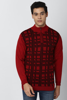 PETER ENGLAND Checkered High Neck Casual Men Red Sweater