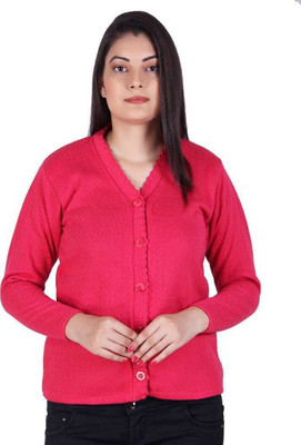 Ozarro Self Design V Neck Casual Women Pink Sweater