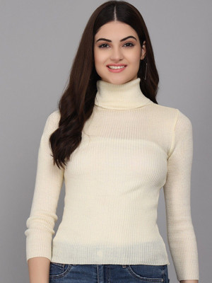 Farlucci Solid High Neck Casual Women White Sweater