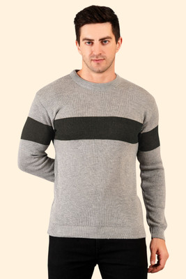 GLAUCUS Striped Crew Neck Casual Men Grey Sweater