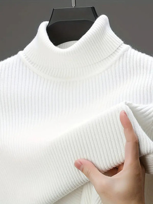 ZeenatFashion Striped High Neck Casual Men White Sweater
