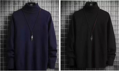 HouseOfCommon Solid High Neck Casual Men Black, Blue Sweater