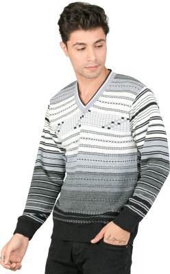 MONT CONNETT Striped V Neck Casual Men Black Sweater