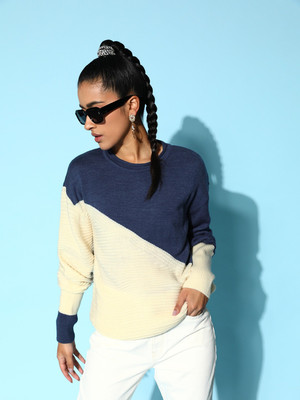 Berrylush Colorblock Round Neck Casual Women Blue, Yellow Sweater