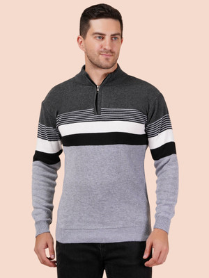 GLAUCUS Striped Collared Neck Casual Men Grey Sweater