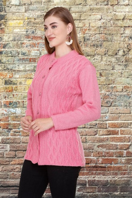 Biwu Self Design Round Neck Casual Women Pink Sweater