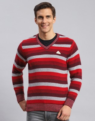 MONTE CARLO Striped V Neck Casual Men Red Sweater