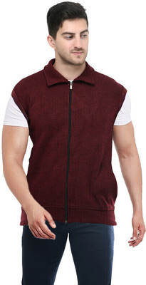 manra Solid Collared Neck Casual Men Maroon Sweater
