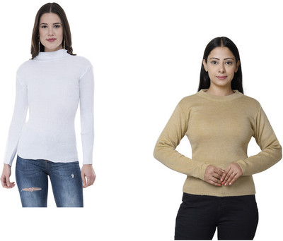 IndiWeaves Solid High Neck Casual Women White, Beige Sweater