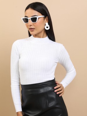 Tokyo Talkies Self Design Turtle Neck Casual Women White Sweater