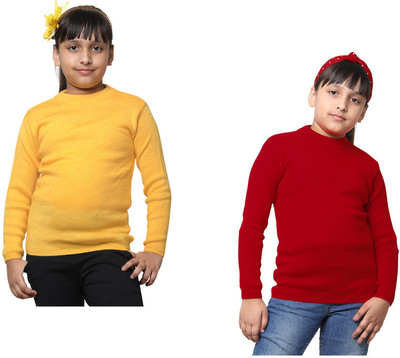 IndiWeaves Solid Round Neck Casual Girls Yellow, Red Sweater