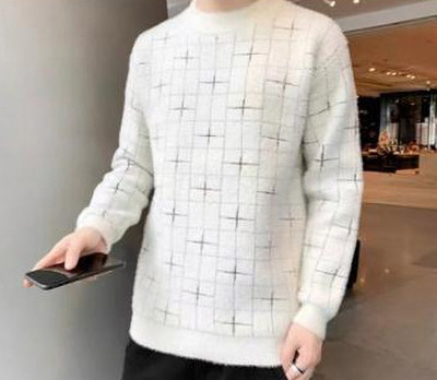 FitIn OutFit Self Design Round Neck Casual Men White Sweater