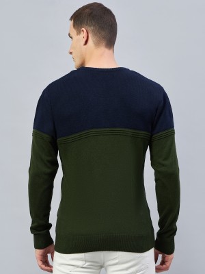 Club York Colorblock Round Neck Casual Men Green Sweater