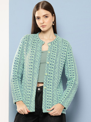 Aarika Chevron/Zig Zag Round Neck Casual Women Green Sweater