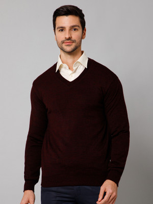 CANTABIL Solid V Neck Casual Men Reversible Maroon Sweater