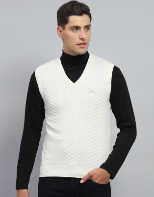 MONTE CARLO Self Design V Neck Casual Men White Sweater