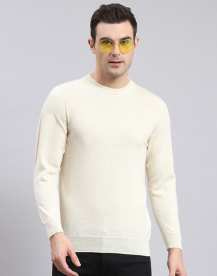 MONTE CARLO Solid Round Neck Casual Men White Sweater