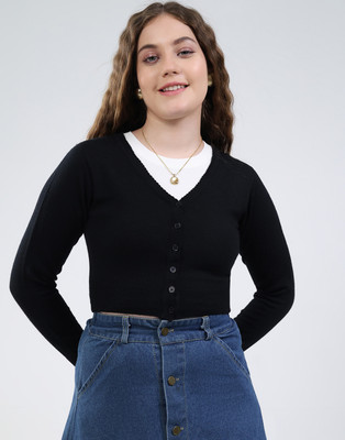 MONTE CARLO Solid V Neck Casual Women Black Sweater