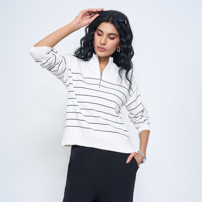 Annabelle by Pantaloons Solid High Neck Casual Women White Sweater