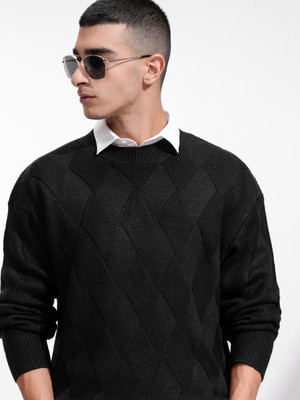 HIGHLANDER Self Design Round Neck Casual Men Black Sweater