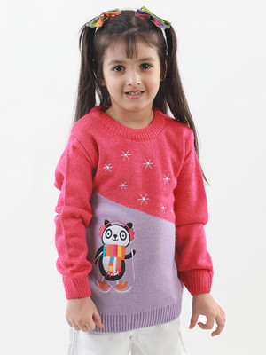 Knitco Solid Round Neck Casual Girls Pink, Purple Sweater