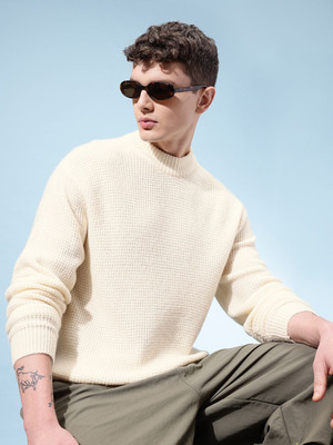 Glitchez Solid, Self Design Round Neck Casual Men White Sweater