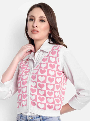 Aarnits Printed V Neck Casual Women Pink Sweater