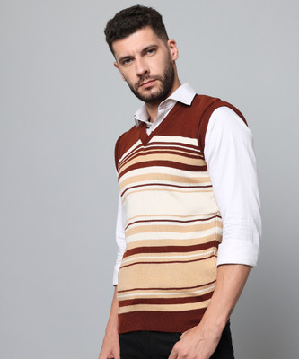 WILLEY Striped V Neck Casual Men Brown Sweater