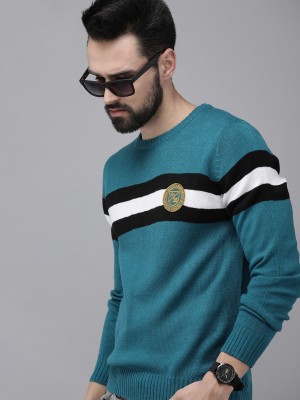 Roadster Striped Round Neck Casual Men Dark Green, White Sweater