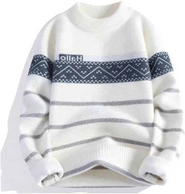 Ucollection Printed Round Neck Casual Men White Sweater