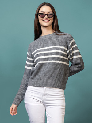 CHEMISTRY Striped, Self Design Round Neck Casual Women Grey Sweater