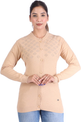 Frankfurt Self Design Round Neck Casual Women Beige Sweater