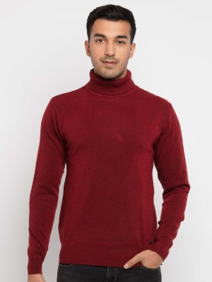 Status Quo Solid High Neck Casual Men Maroon Sweater