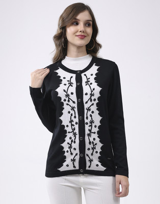 MONTE CARLO Woven Round Neck Casual Women Black Sweater