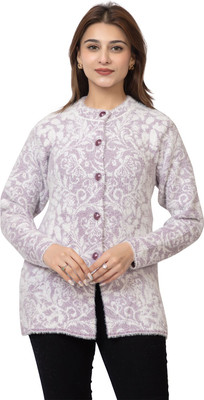 FASHSTORE Floral Print Round Neck Casual Women Purple Sweater