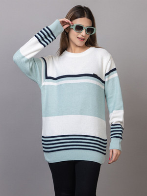 WAY TO TRENDY Striped Round Neck Casual Women Light Green Sweater