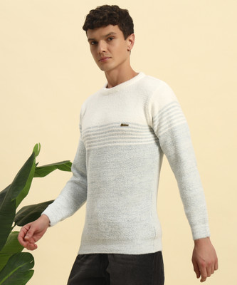 CANBLAR Striped Round Neck Casual Men Light Green Sweater