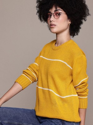 Roadster Striped Round Neck Casual Women Yellow Sweater