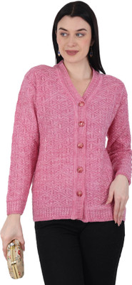 HITTIKA Self Design V Neck Casual Women Pink Sweater
