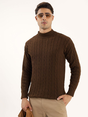 kveto Woven High Neck Casual Men Brown Sweater