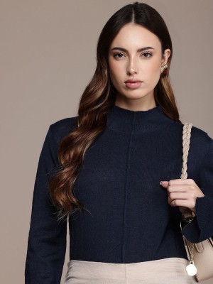 French Connection Solid Turtle Neck Casual Women Blue Sweater