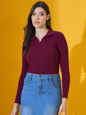 98 Degree North Self Design Collared Neck Casual Women Red Sweater