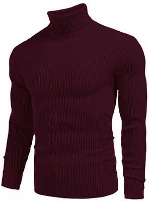 HouseOfCommon Self Design High Neck Casual Men Maroon Sweater